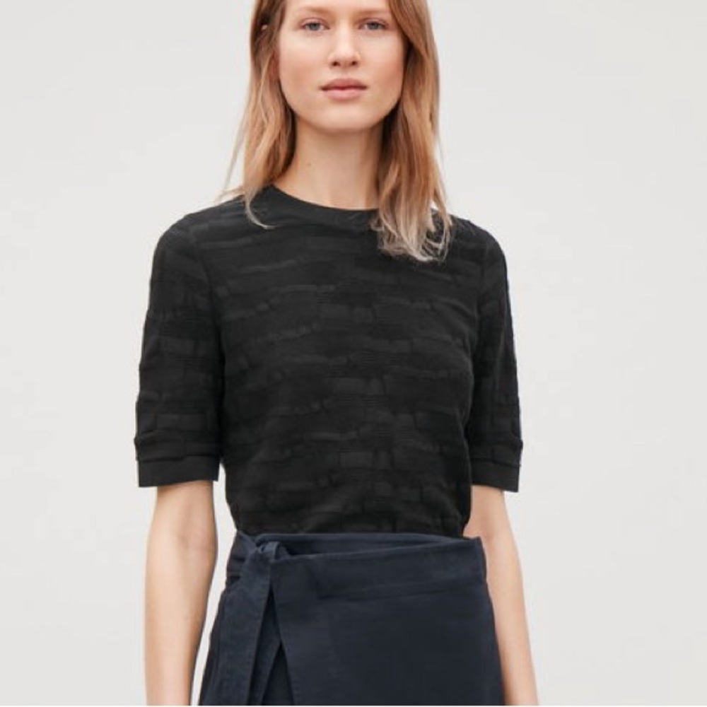 COS Black Irregular-Stitch Textured Knit Top Tee Cotton Women’s Small